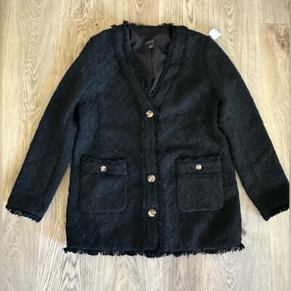 Ann Taylor Blazer Black with Fringe Trim Button Jacket Wool - Size Small